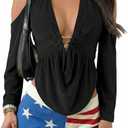 Women Sexy Going Out Halter Tie Backless Top Velvet Cold Shoulder Long Sleeve Ruched Ring Blouse Clubwear Shirt Party Night Out Date Fall Winter (Black, S)