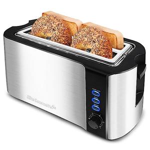 Elite Gourmet ECT-3100 Long Slot 4 Slice Toaster, Reheat, 6 Toast Settings, Defrost, Cancel Functions, Built-in Warming Rack, Extra Wide Slots for Bagels & Waffles, Stainless Steel & Black