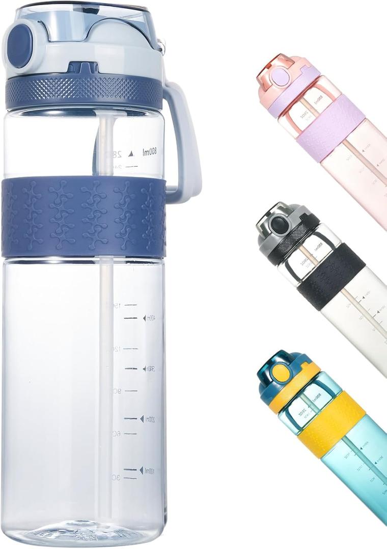 Kerilyn 28oz Clear Water Bottle with Straw, Flip Top Water Bottle with Carrying Loop, Leak-Proof Sports Water Bottle, BPA Free, for School, Travel, Outdoor, Navy