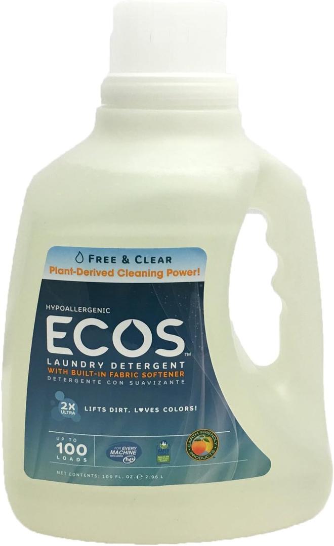ECOS Hypoallergenic Laundry Detergent, Free & Clear, 100 loads, 100oz, Bottle by Earth Friendly Products