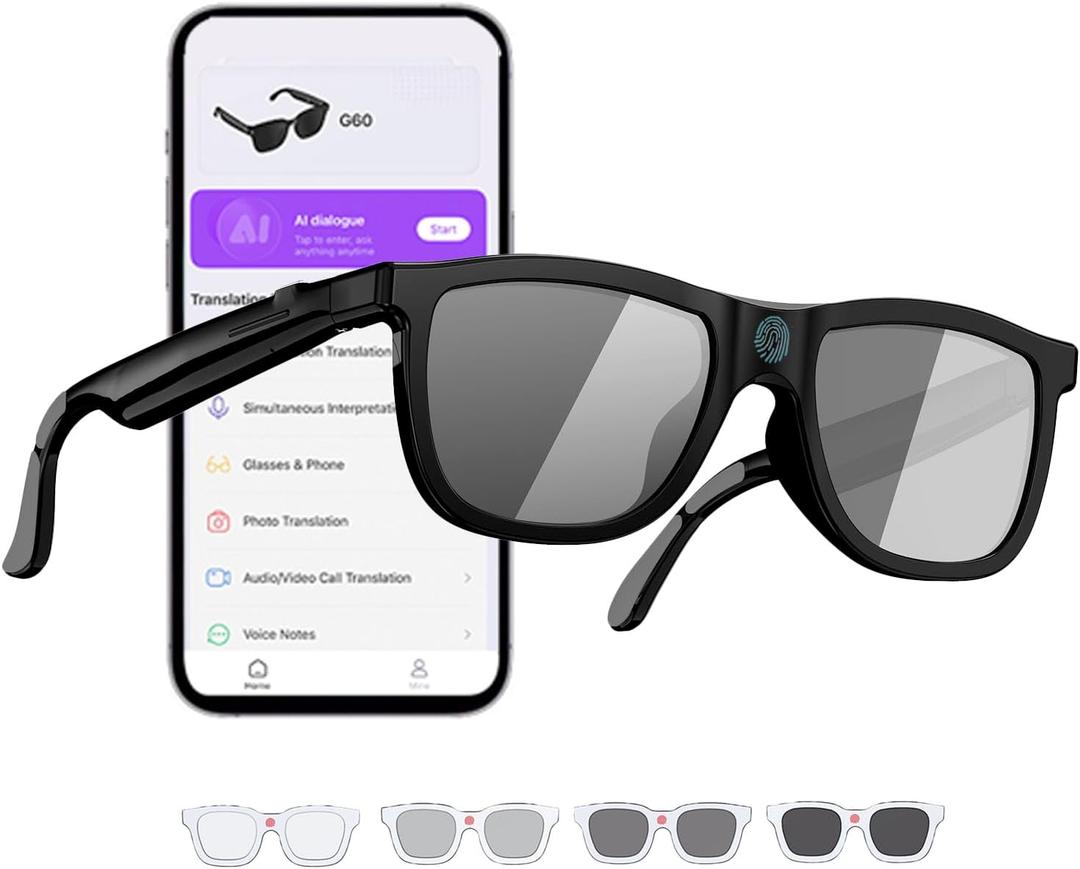 Electrochromic AI Glasses for Men & Women, Bluetooth Smart Glasses Powered by ChatGPT, AI Real-time Translation with 164 Languages