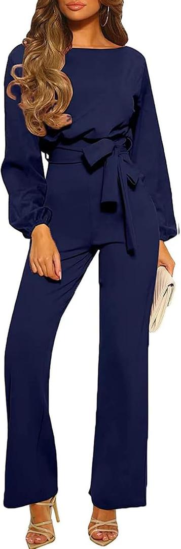 Women's Dressy Jumpsuit Fall One Piece Long Sleeve Belt Pockets Wide Leg Pants Romper Business Casual Outfits (XXL)