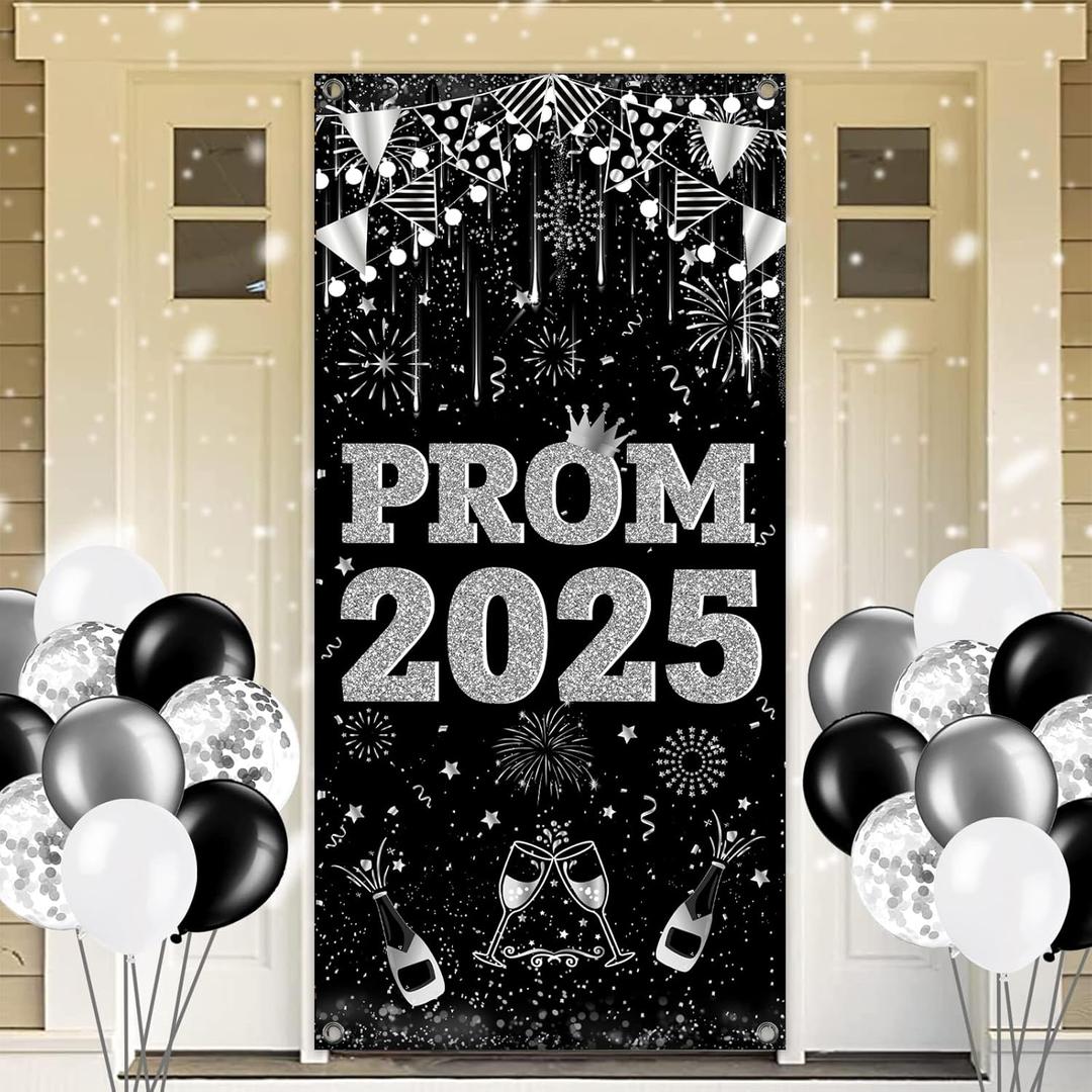 Prom Send Off Decorations 2025 Door Banner, Black and Silver Prom Banner with Balloons Prom Decorations 2025 Door Banner for High School College Graduation Party Decor (Sliver)
