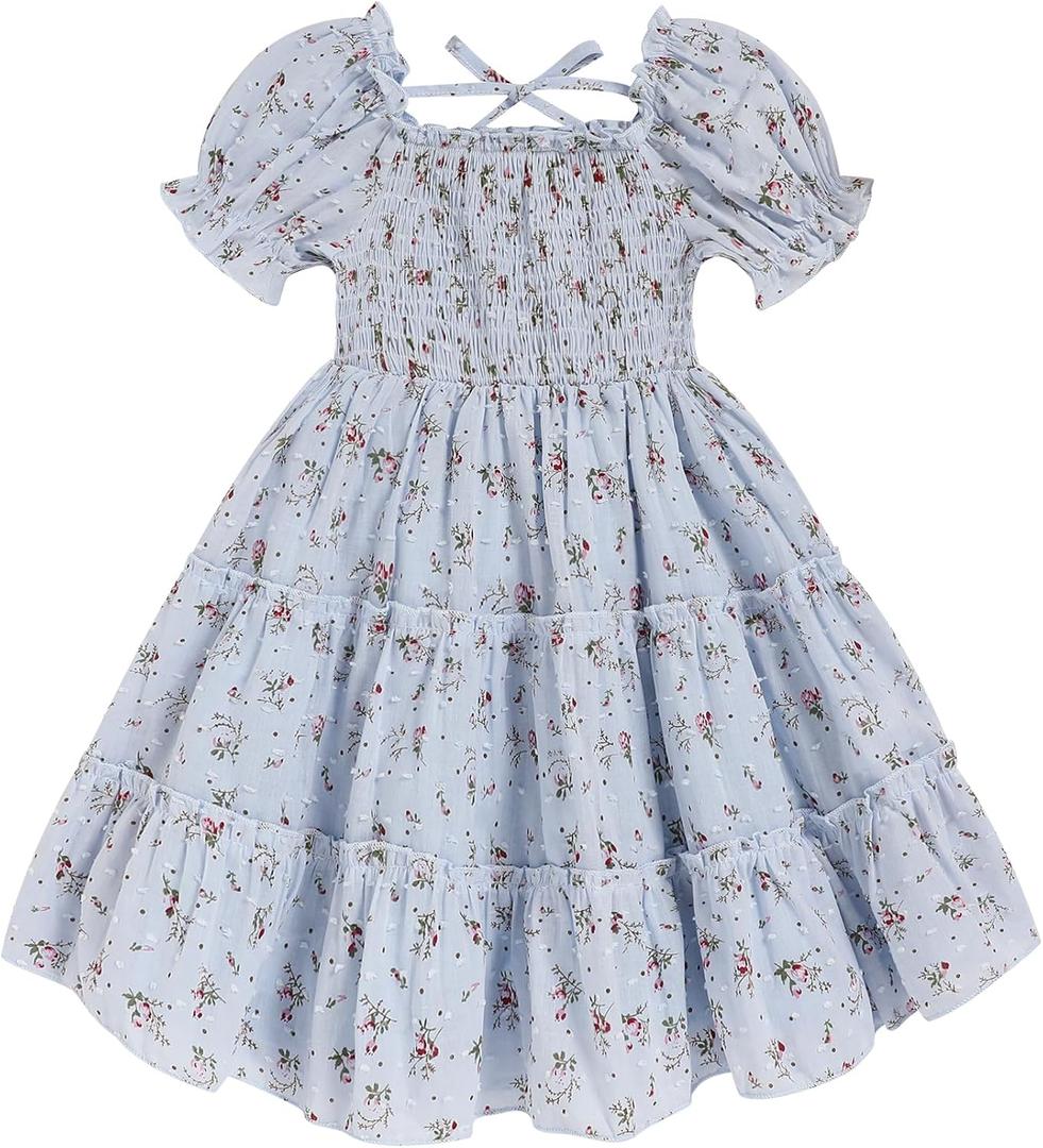Toddler Girl Dress Short Sleeve Kids Floral Smocked Square Neck Beach Sundress | Summer Fashion Dresses 2-7Y