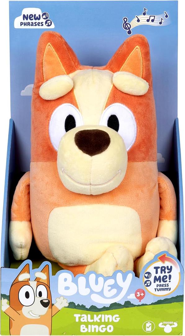 Bluey Sound Effects Talking Bingo Plush Toy, 13 Soft Bingo Toy, Interactive Stuffed Animal with 9 Different Phrases, Musical Toys for Kids