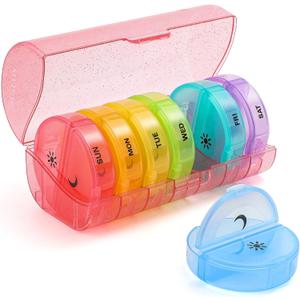 Sukuos Large Weekly Pill Organizer 2 Times a Day, Daily Pill Box 7 Day Easy to Open with Double Protection, AM PM Pill Case for Medicine/Vitamin/Fish Oil/Supplements (Glitter Pink)