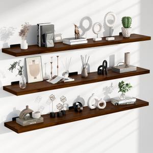 48 Inch Solid Walnut Floating Shelves Set of 3, Rustic Farmhouse Wall Mounted Shelves with 150 lbs Capacity, 4ft Long Wood Shelving for Living Room, Kitchen, Bedroom & Bathroom, 3T48IN