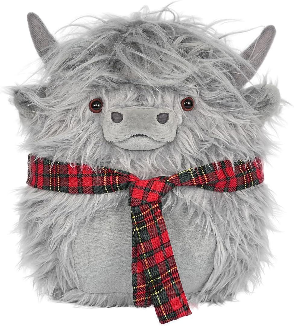 Highland Cow Stuffed Animal, 12 Inch Highland Cow Pillow Soft Fluffy, Cow Pillow for Birthdays Party Farm Home Decor (Grey)
