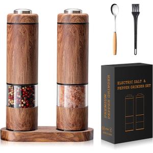 Electric Salt and Pepper Grinder Set, Automatic Salt and Pepper Grinder Set with Wood Base, Adjustable Coarseness, LED Light, One Handed Operation Electric Salt and Pepper Shakers(Wood Grain) (2 Pack)