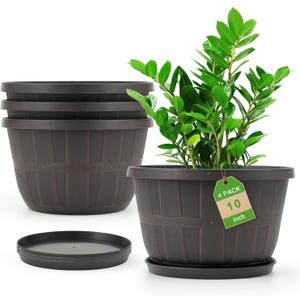 Quarut 10 inch Plastic Flower Pots for Outdoor Plants4 Pack Large Outdoor Planter Pot with Drainage Holes & SaucersImitation Wine Barrel Designfor Indoor Outdoor Garden PlantsBrown