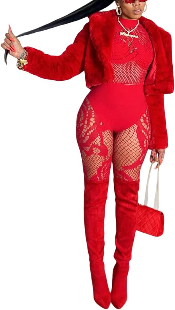 Women's Sexy Fishnet Seamless 2 Piece Outfits Mock Neck Long Sleeve Crop Top Legging Set Club Lingerie Sets (Red) One Size 2-14