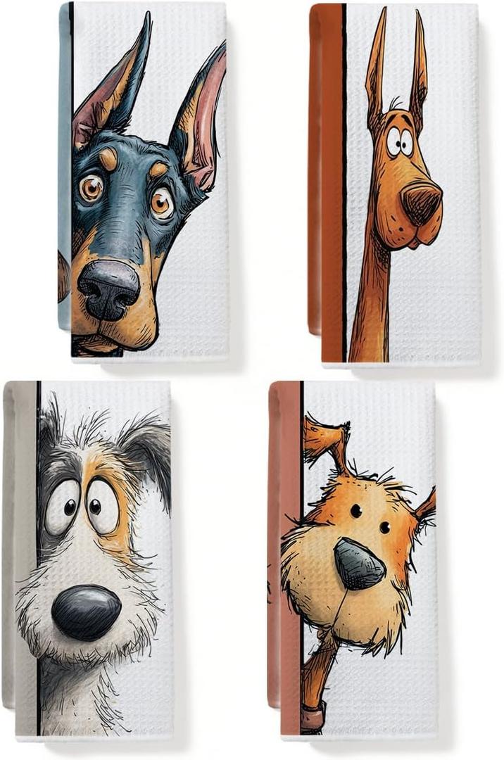 JIUWEIHU 4 Pcs Funny Dog Kitchen Towels, Cute Dogs Gifts Hand Tea Towels for Kitchen Bathroom Home Decor, Dogs Waffle Weave Absorbent Dish Towel, Dog Lover Gifts for Women Men Friend 14x24 Inches