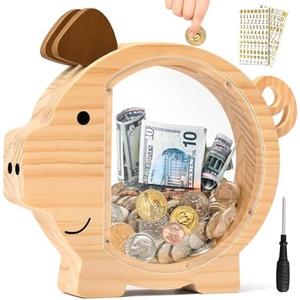Piggy Bank for Kids Adults, Vcertcpl Wooden Piggy Banks with Acrylic Clear Sides, Unbreakable Piggy Bank for Boys Girls Money Saving Box, Kids Bank for Real Money Bank Coin Bank Change Jar