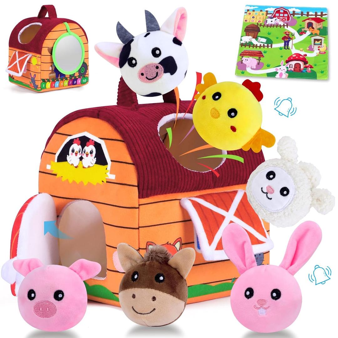Baby Toys 6-12 Months, Little People Farm with Crinkle, Rattle & Squeaker Little People Barn with Stuffed Farm Animals for Newborn Infants, Montessori Learning Toys for Baby Christmas Gift