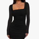 BORIFLORS Women's Sexy Ruched Bodycon Mini Dress Mesh Long Sleeve Club Party Short Dresses S
