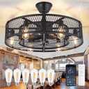 DLLT Caged Ceiling Fan with Lights: 26" Bladeless Fandelier with Light and Remote - Black Industrial Chandelier Fan Light for Bedroon Living Dining Room Kitchen