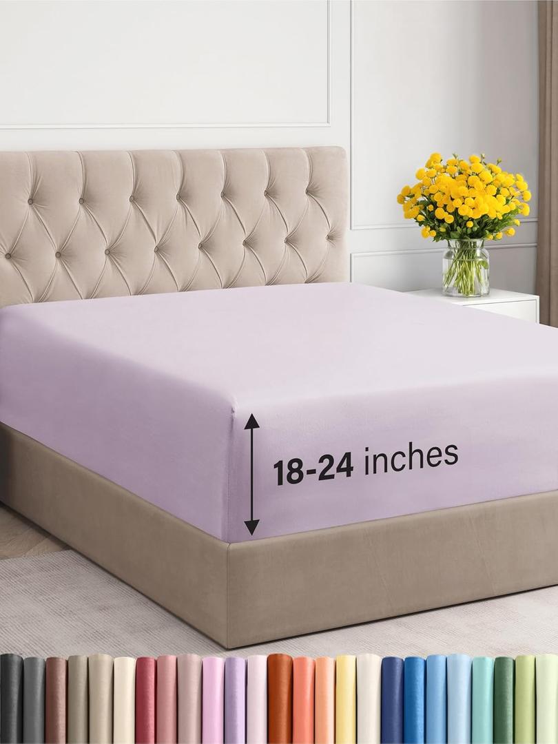 Extra Deep Cal King Fitted Sheet - Hotel Luxury Single Fitted Sheet Only - Easily Fits 18 to 24 inch Mattress - Soft, Wrinkle & Fade Free with Extra Deep Pockets - Breathable & Comfy - Light Lavender