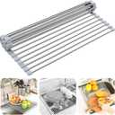 Over the Sink Dish Drying Rack, Searik Roll up Sink Dish Drainer Rack Foldable Kitchen Stainless Steel Dish Rack Sink Drying Rack (17.7 x 11.8) (Gray)
