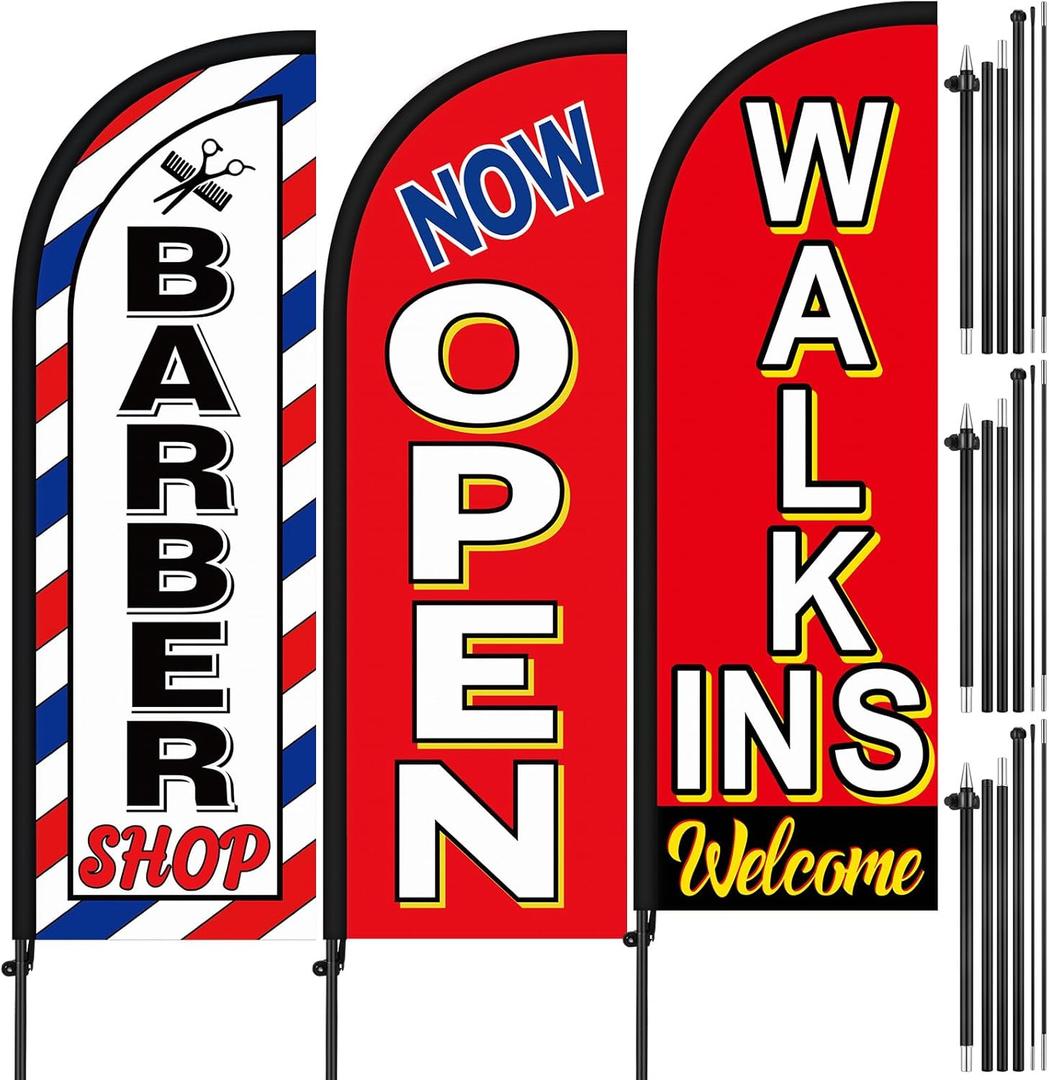 3 Set Feather Flag Pole Kit 7 ft Walk Ins Welcome Flag Barber Shop/Now Open Grand Opening Advertising Banners with Poles and Ground Spikes Salon Sign for Salon Outdoor Supplies