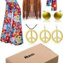 Haull 7 Pcs 60s 70s Outfits for Women Hippie Costume Set Boho Flared Pants Fringe Vest Peace Sign Accessories Set (Medium)