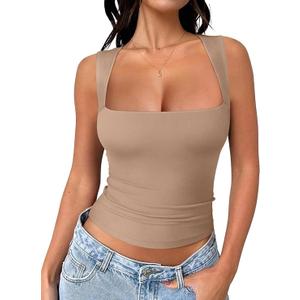 REORIA Butsmooth® Women's Square Neck Going Out Crop Tops Double Lined Cute Basic Tank Tops 2025 Clothes (Large, Khaki)