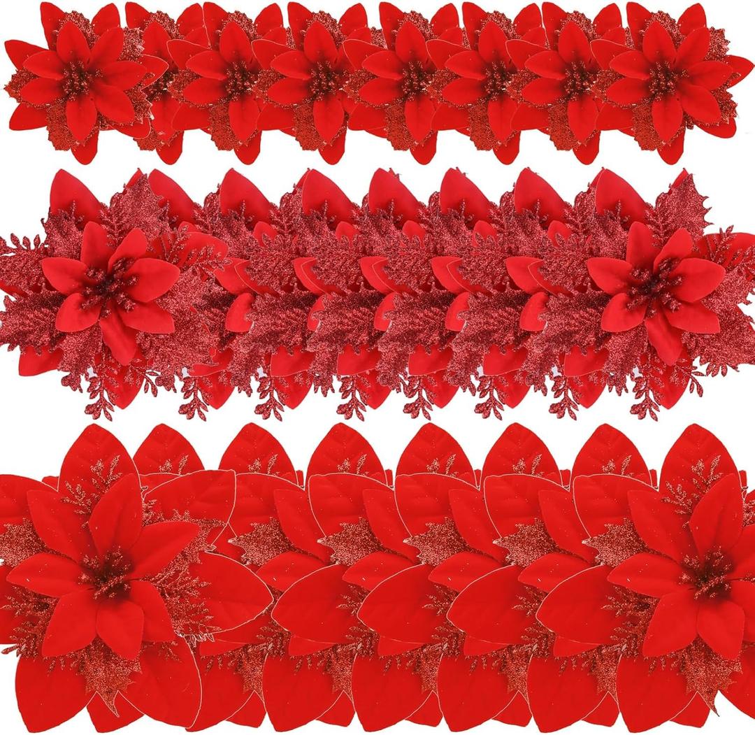 GREENTIME 24 Pcs Glitter Poinsettia Red Golden Artificial Flowers Christmas with Clips Stems Xmas Tree Ornaments for New Year Party Stairs Fireplace Porch Balcony Garden Church Wreath Decoration