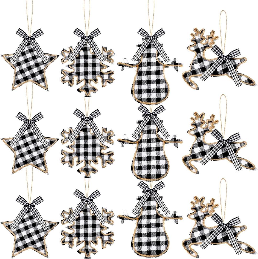 12 Christmas Burlap Tree Hanging Ornaments Buffalo Check Plaid Stitching Tree Ornament Deer Snowman Snowflake Star Shaped Hanging Ornaments for Xmas Holiday Party Decorations (White and Black)
