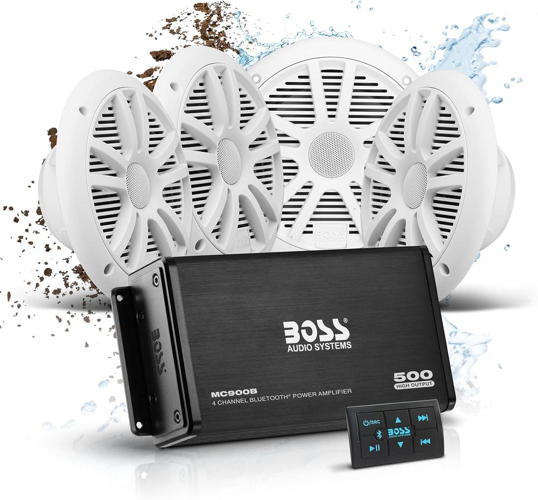 BOSS 6.5 inch Speakers and 4 Channel Amplifier - 500 High Output, Bluetooth Remote, Waterproof Pouch