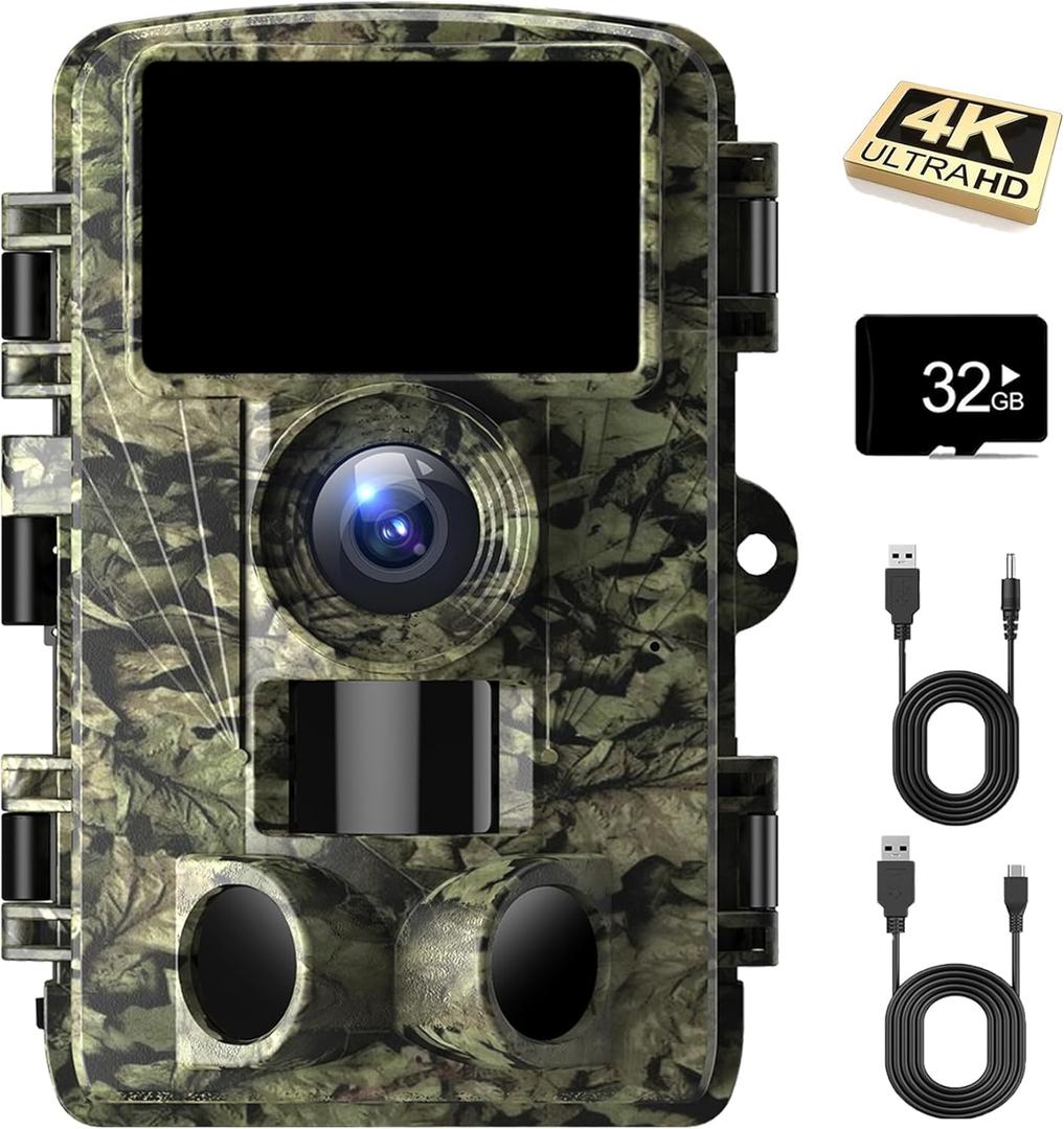 Trail Camera - 4K 48MP Game Camera with Night Vision, 0.05s Trigger Motion Activated Hunting Camera, IP66 Waterproof, 130°Wide-Angle with 46pcs No Glow Infrared Leds for Outdoor Wildlife Monitoring.