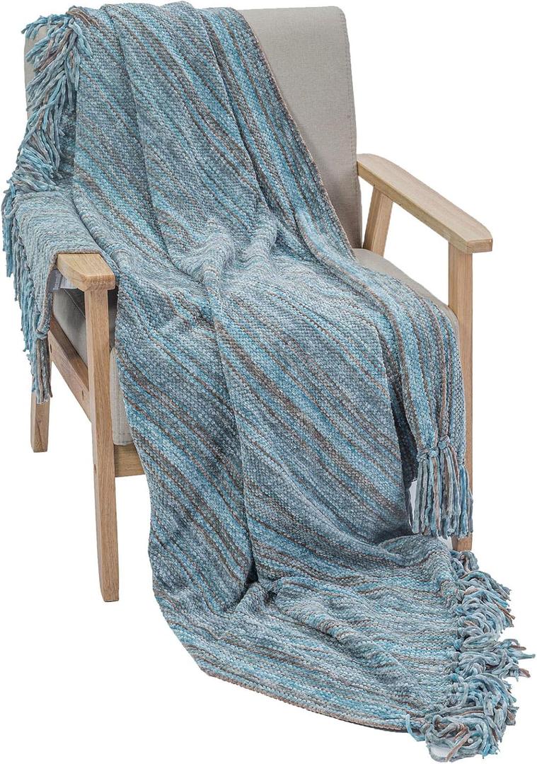DECOMALL Decorative Throw Blanket with Fringe Soft Striped Multi Color Throws for Couch Sofa Armchair Bed 50x 60 (Blue Multi, 50x 60)