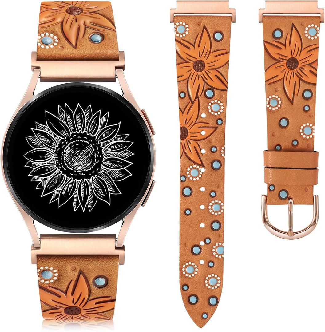 Minyee Leather Bands Compatible with Samsung Galaxy Watch 7 Band/Watch FE 6 5 4 40mm 44mm/Watch 5 pro Band 45mm/Watch 6 4 Classic 47mm 43mm 42mm 46mm, Boho Embossed Sunflower Designer 20mm Watch Band