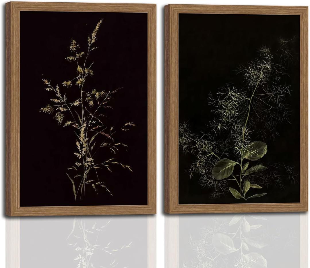2Pcs Framed Canvas Wall Art Vintage Green Forest Plant Botanical Prints Dark Floral Prints Minimalist Modern Art Vintage Wall Decor for Bedroom Living Room, Bathroom,16x24in