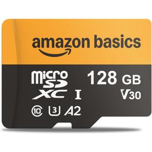 Amazon Basics 128GB microSDXC Memory Card with Adapter for Smartphones, Drones, Cameras, Full HD, Read Speed Up to 200MB/s, 1-Pack