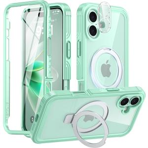 Oneagle Magnetic Stand for iPhone 16 Plus [Fit for MagSafe], 360 Full Body Shockproof Case with 9H Glass Screen Protector, Magnetic Ring Kickstand, Camera Protector, Soft TPU Bumper (Green/Clear)