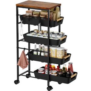 5-Tier Slim Storage Cart, Wooden Top Rolling Kitchen Cart with Pull-Out Baskets & Wheels, Narrow Space Utility Cart Slide Out Organizer for Kitchen, Bathroom, Laundry Room, Black (8.07" W  14.37" D  32.28" H)