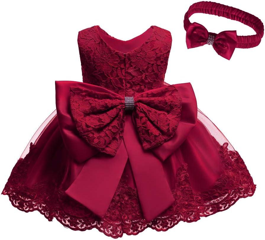 0-6T Toddler Baby Girls Embroidered Tutu Ball Gown Lace Dresses with Headwear (Red)