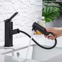 HANLIAN Single Hole Pull Out Faucet for Bathroom Sink, Black Sink Faucet Bathroom, One Handle Modern Restroom Tap with Pull Down Sprayer, 3 Modes Washroom Pull Out Tap with Rotating Spout (Regular)
