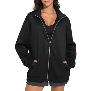 THE GYM PEOPLE Women's Oversized Full Zip Up Sweatshirts Fleece Long Sleeves Stand Collar Workout Jacket with Pockets M
