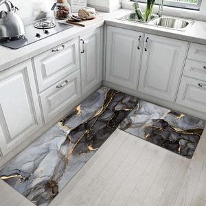 Luxury Black Gold and Gray Marble Kitchen Rugs and Mats Anti Fatigue PVC Leather kitchen mats for floor 2 piece Non-Slip Waterproof Comfort Standing Sink Laundry 17.3"29"+17.3"X47" Accessories