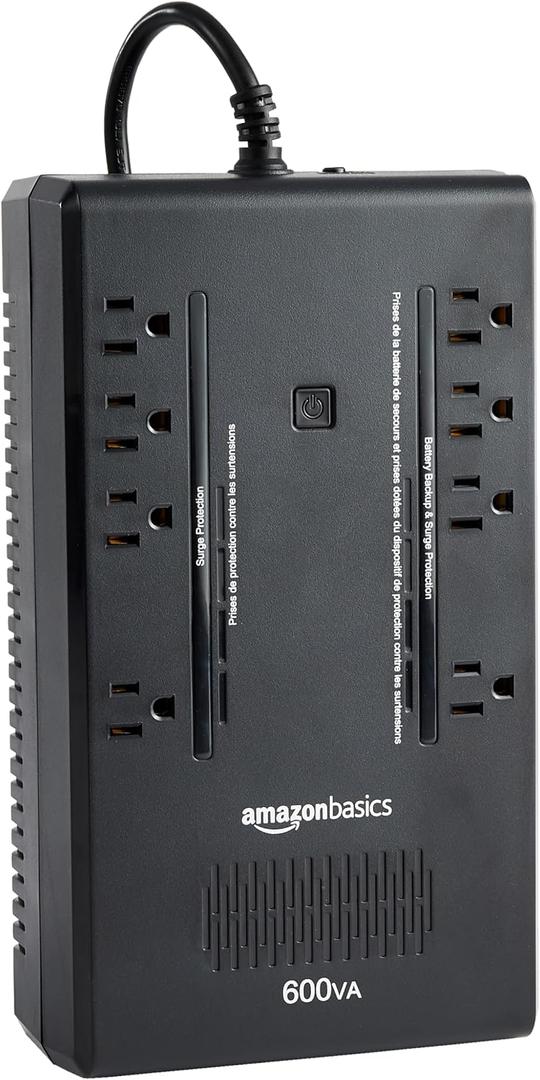 Amazon Basics UPS Battery Backup & Surge Protector, 600VA/360W, 8 Outlets, Standby Uninterruptible Power Supply, Power Outage Protection, Compact Design, Black
