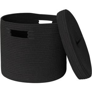 Storage Basket with Lid, 15 x 13 Lidded Blanket Basket Living Room, Black Woven Baskets for Storage, Nursery Kids Cotton Rope Toy Bin Box with Cover, Wicker Laundry Basket Pillow Holder