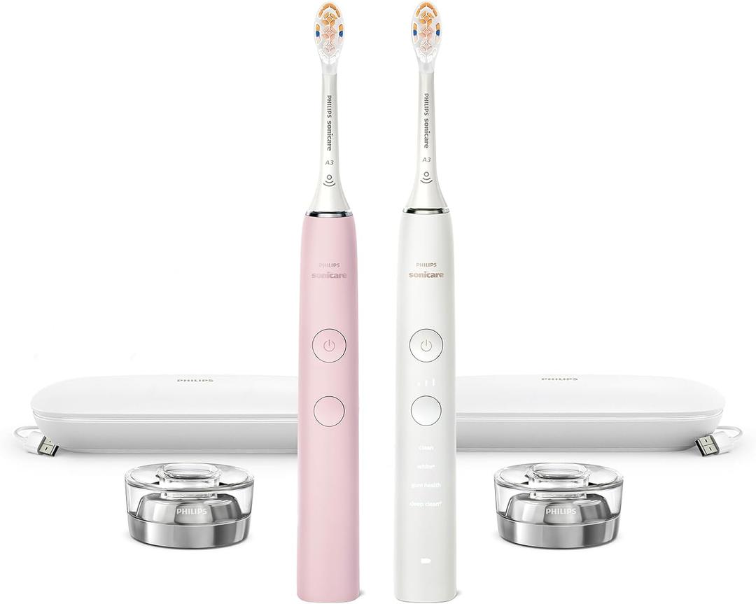 Philips Sonicare DiamondClean Connected Electric Toothbrush 2 Pack, Sonic Toothbrushes, x2 Charging Travel Cases, x2 A3 Brush Heads, 12 Brushing Settings, (Pink and White), Model HX9912/72