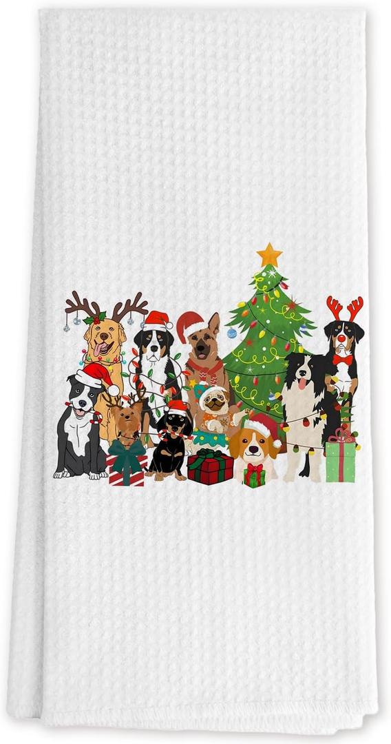 Dog Christmas Tree Kitchen Towels, Dog Lover Mom Dad Gifts Decorative Hand Towels for Bathroom, Holiday Winter Christmas Puppy Dish Tea Towels for Kitchen Decor, 16x24 Inch