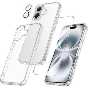 Maxdara for iPhone 16 Clear Case, iPhone 16 Case with Tempered Glass Screen Protector and Camera Lens Protector Drop Protection Slim Phone Case for iPhone 16 6.1 Inch (Clear+Clear)