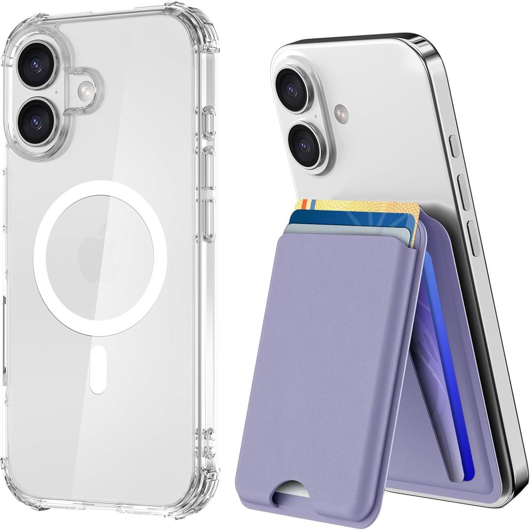 for iPhone 17 Case Slim Clear with Card Holder & Adjustable Stand, Holds 5 Cards Magnetic Wallet, Anti-Yellowing & MIL-Grade Drop Tested Phone Cover, Compatible with MagSafe, Purple
