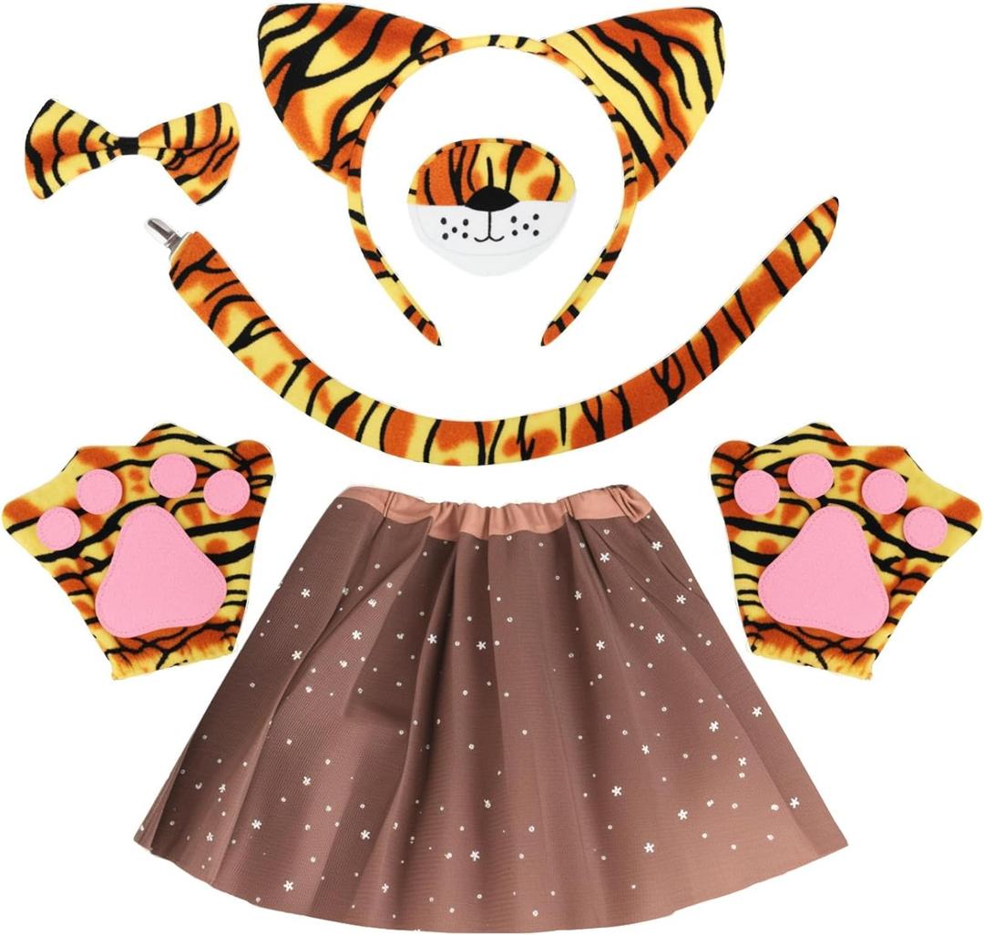 Tiger Costume with Brown Skirt,Halloween Costume for Girls,Tiger Ear and Tail Set Costume for Kids Multiple Layers of Brown Skirt for Adults Kids Girls