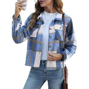 HWOKEFEIYU Fall Flannels for Women Cropped Shacket Jacket Plaid Long Sleeve Button Down Shirt 2025 Coat Tops (Small, Blue)