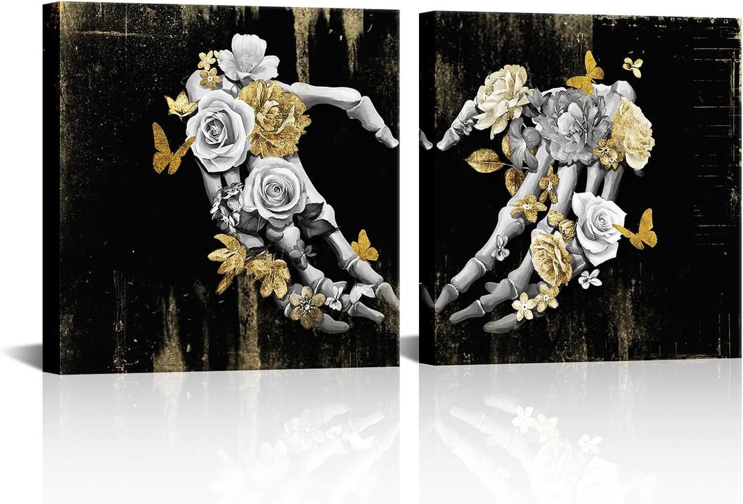 Visual Art Decor Skull Decor Heart Love Painting Gothic Wall Decor Black Gray and Gold Pictures Framed Artwork for Walls (24"x24"x2 Pieces) (Large)