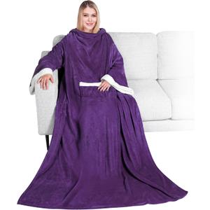 PAVILIA Fleece Blanket with Sleeves for Women Men Adults, Wearable Blanket Warm Soft Plush, Snuggle Pocket Sleeved TV Throw Wrap, Cozy White Elephant Gifts Ideas Mom Wife, Dark Purple