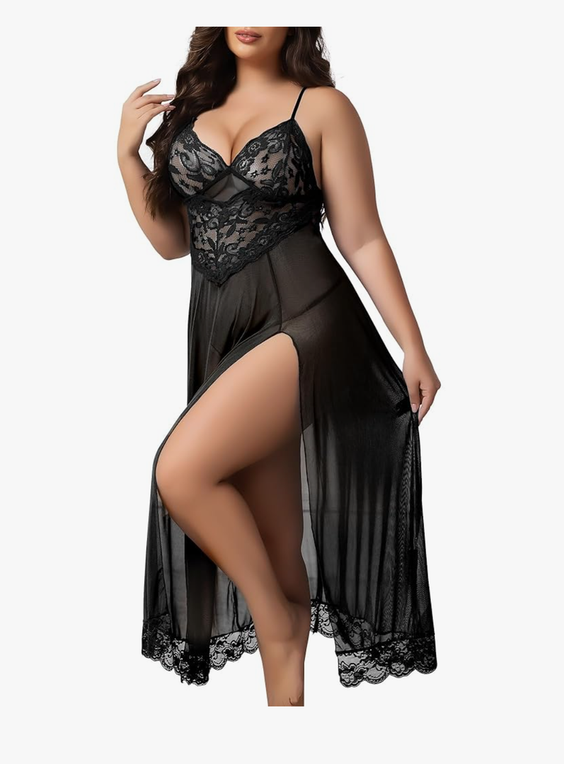 Lingerie for Women Lace Babydoll Chemise Sexy Nightdress Negligees V Neck Nightwear Side Split Nightgown Size M